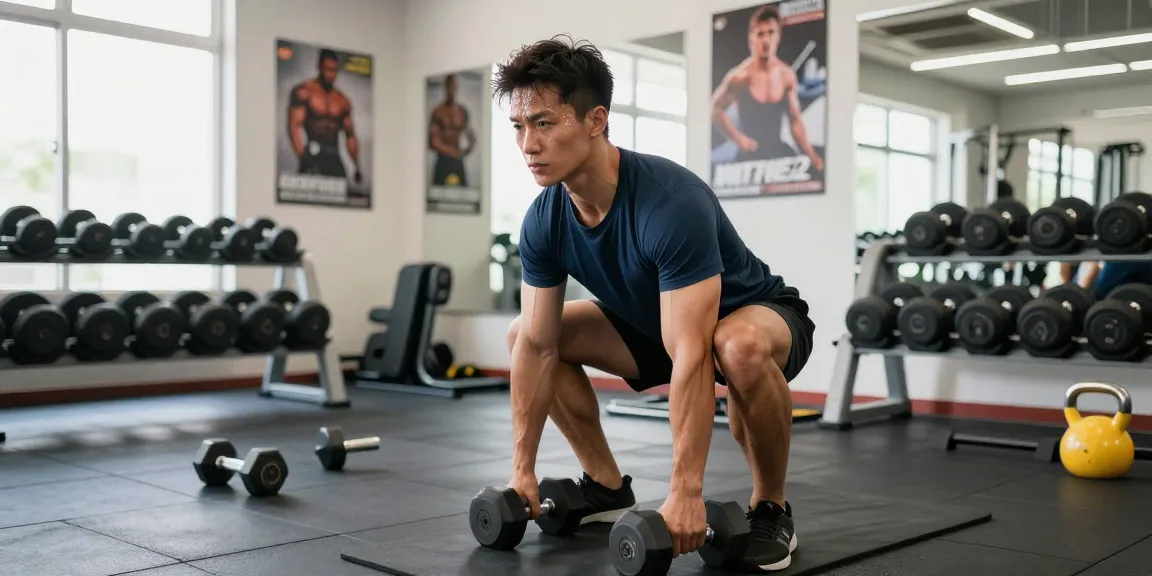 Aktiver Körperbauer im Anabolikashop beim Training mit Gewichten, motivierte Atmosphäre im modernen Fitnessstudio.