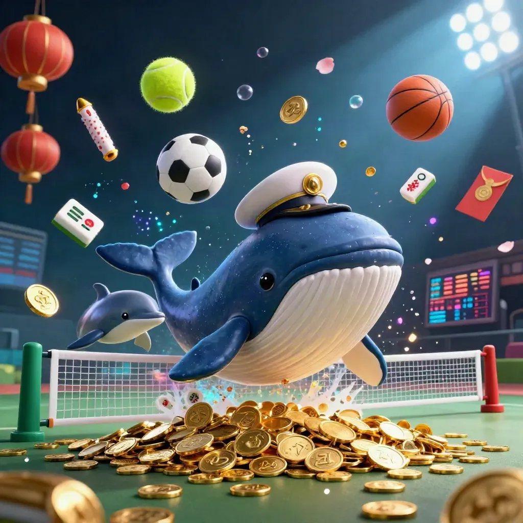 Wal, Narwal und Delfine brechen durch Goldmünzen; Tennisball, Basketball und Casino-Elemente im Neonlicht.