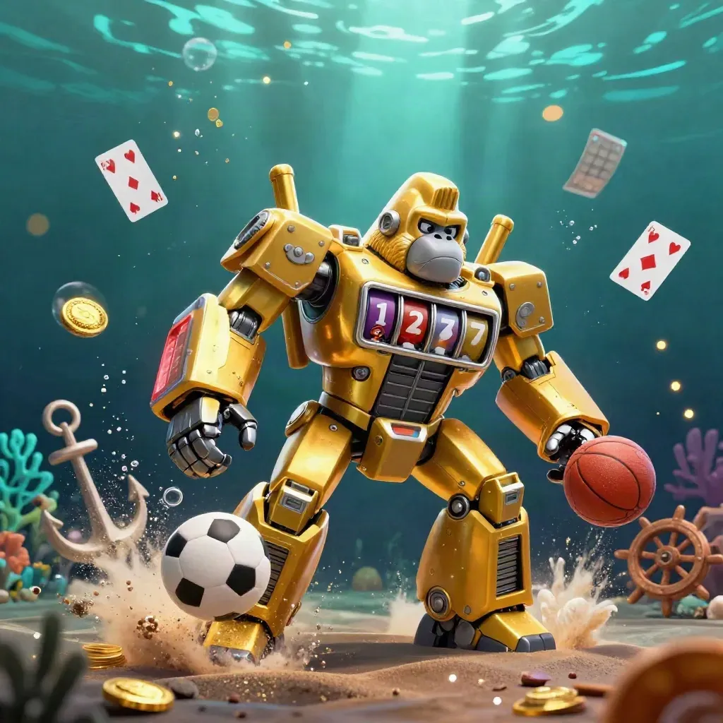 Goldener Gorilla-Mech unter Wasser mit Münzen, Bällen und Lichtstrahlen.