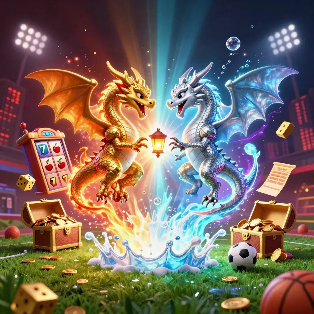 Gold- und Silberdrachen über Slot, Geld und Sportbällen im roten Licht.
