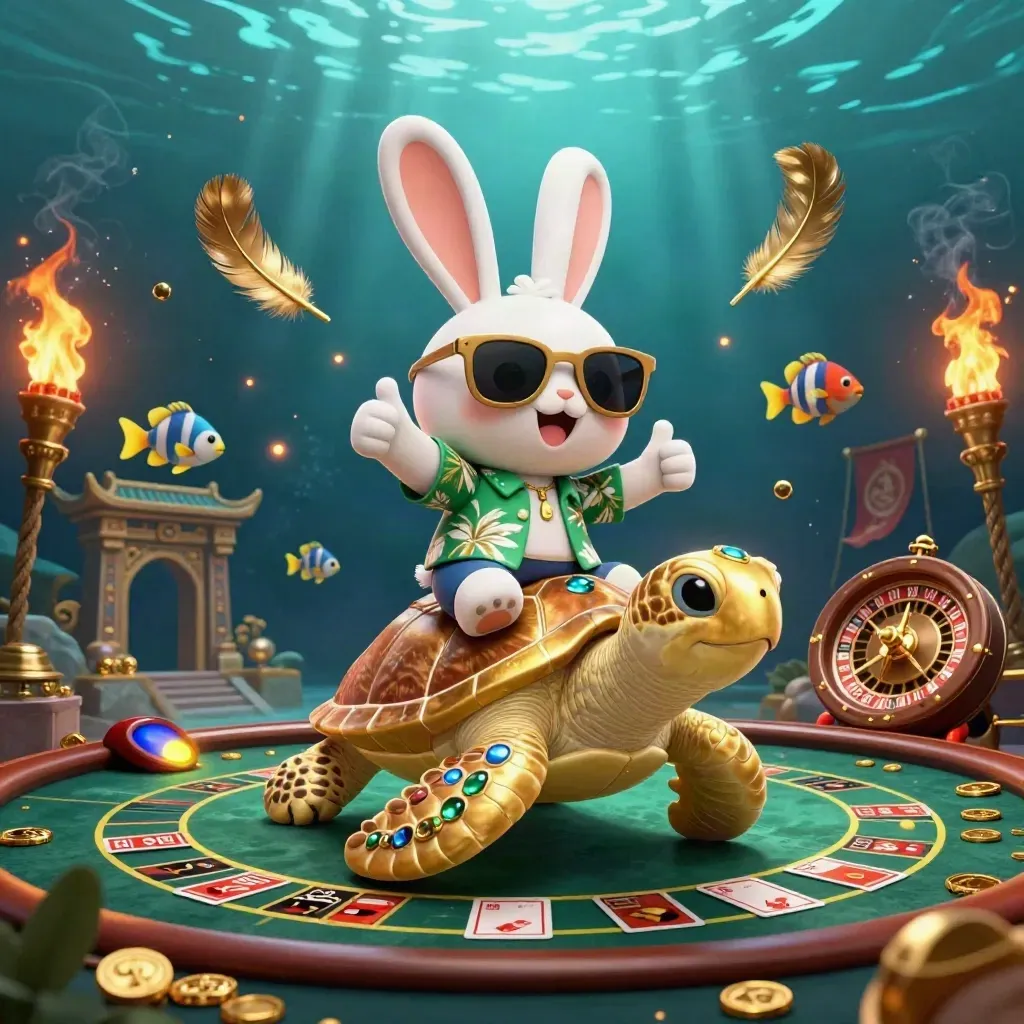 Hase auf goldener Schildkröte in Casino-Unterwasserwelt mit Münzen, Tempel und Lichteffekten