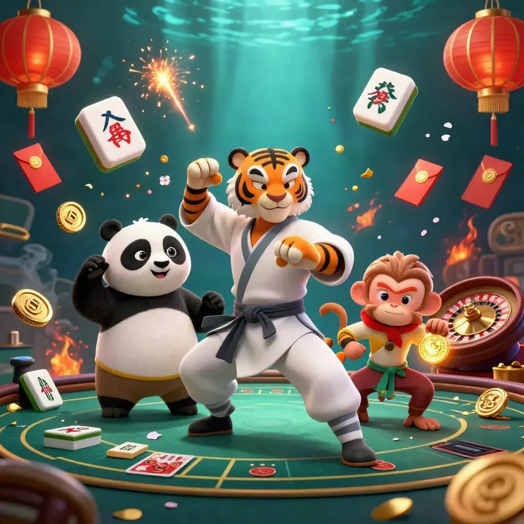 Kung-Fu-Tiger, Panda und Affe im Casino-Glanz mit Mahjong, Münzen und Feuerwerk