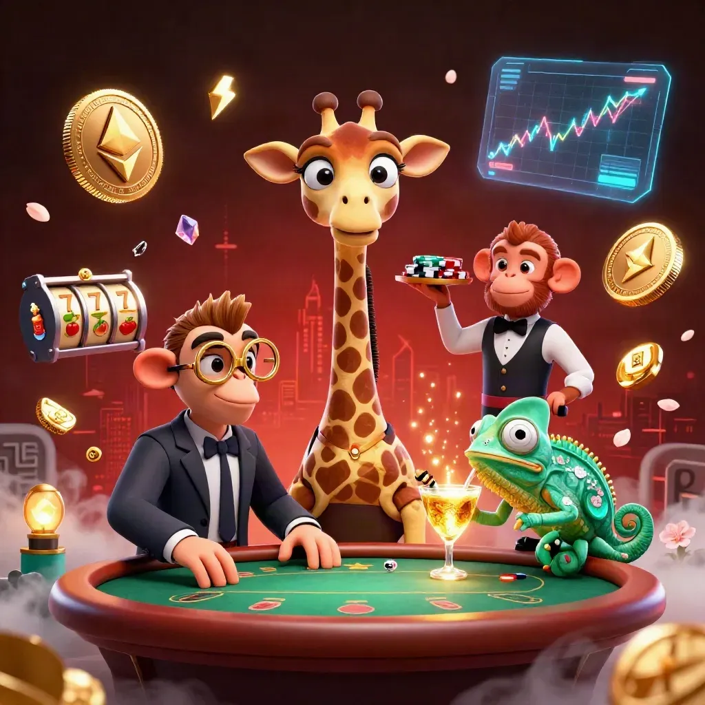 3D-Giraffe, Affe und Chamäleon im Neon-Casino mit Coins, Charts und rotem Hintergrund