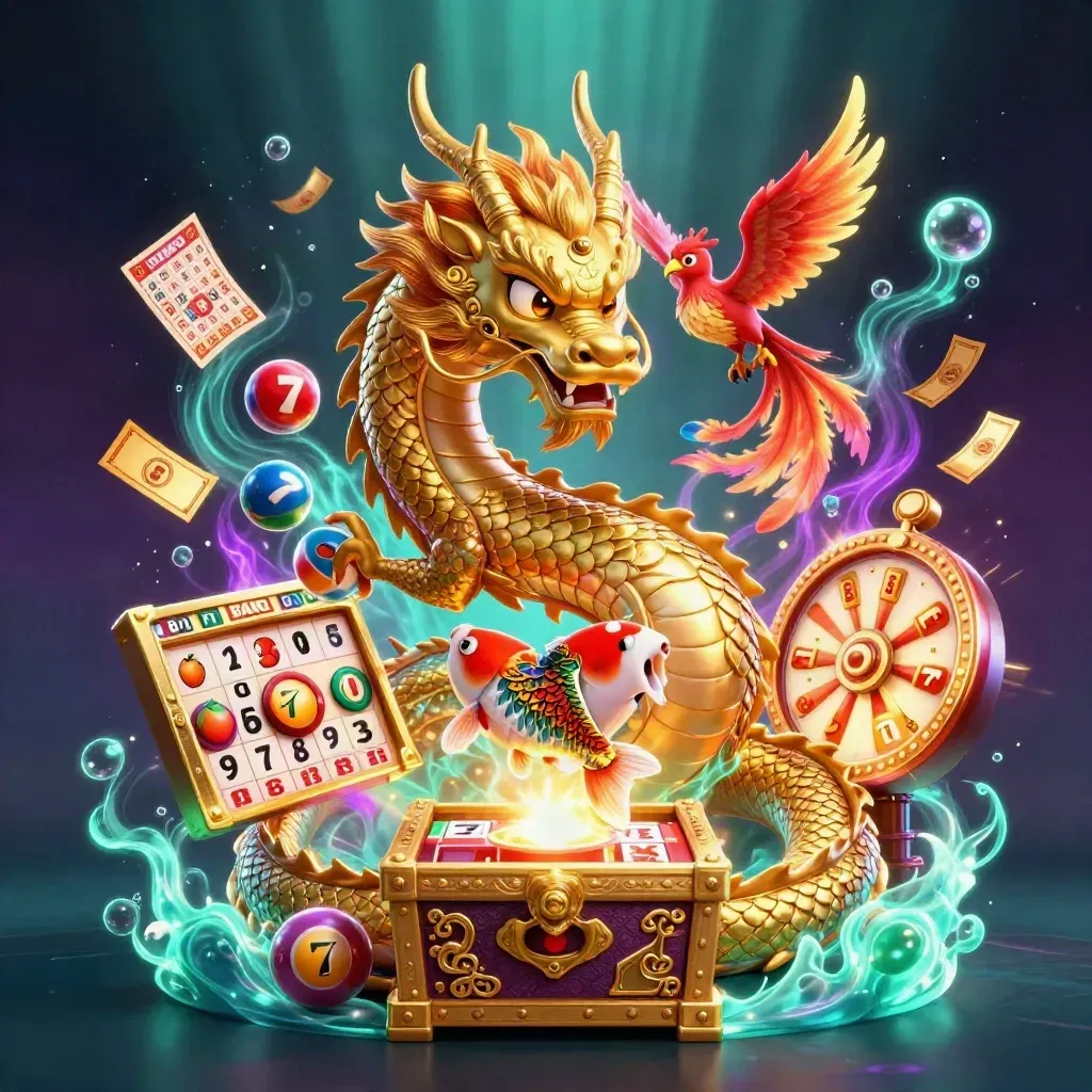 Goldener Drache mit Phoenix und Koi, umgeben von Glücksobjekten und Neonzauber