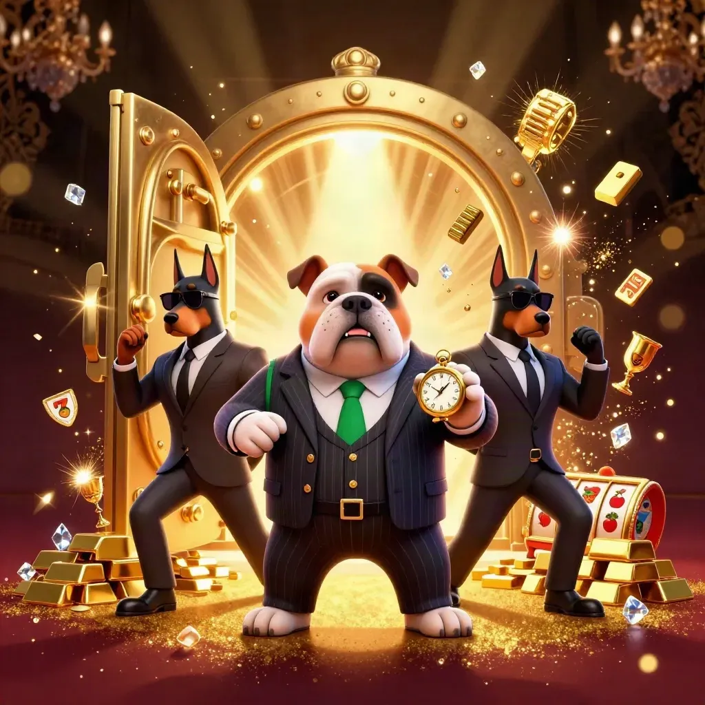 Bulldoggen-Mafioso und Dobermänner vor Goldtresor, Münzen und Casino-Glanz.