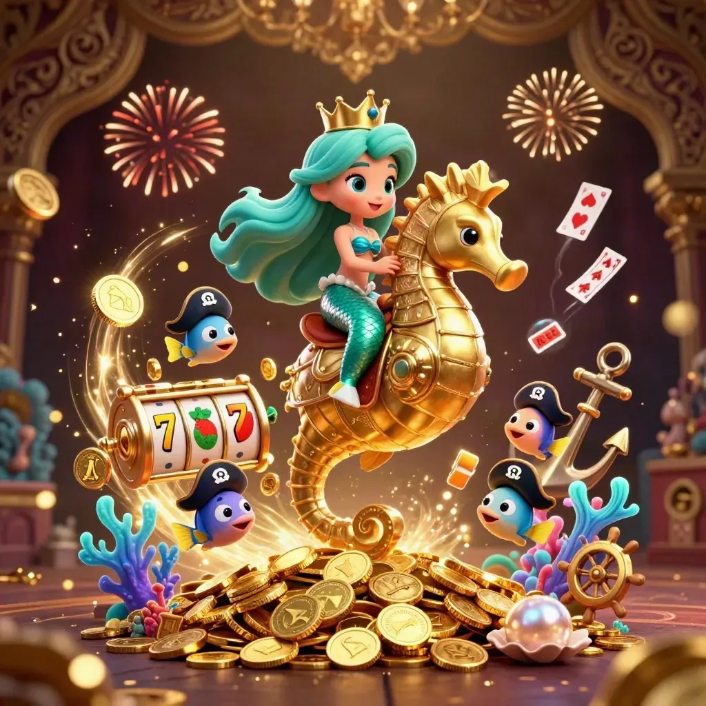 Meerjungfrauen-Prinzessin reitet Seepferdchen, Goldmünzen, Fischpiraten und Casino-Symbole.