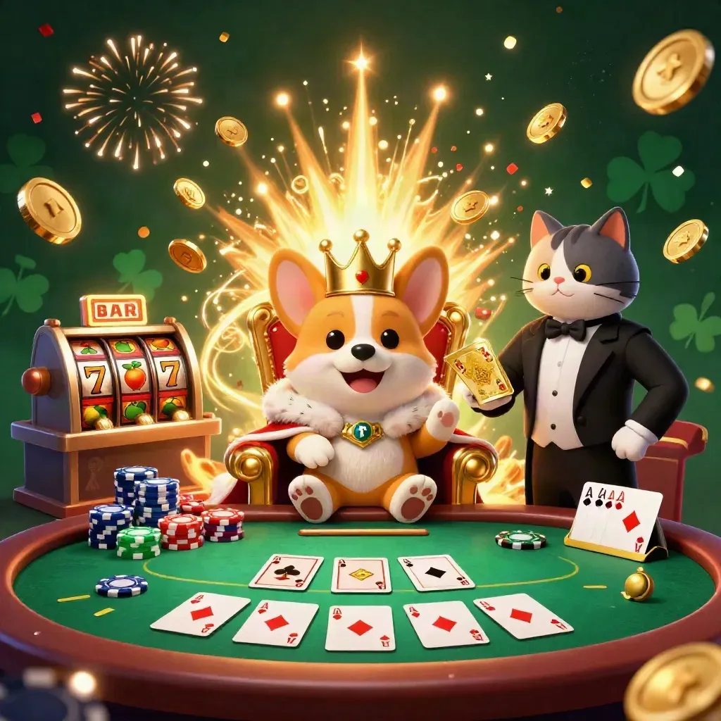 Royaler Corgi und Katzenbutler feiern im Casino mit Chips, Münzen, Feuerwerk und goldener Explosion.