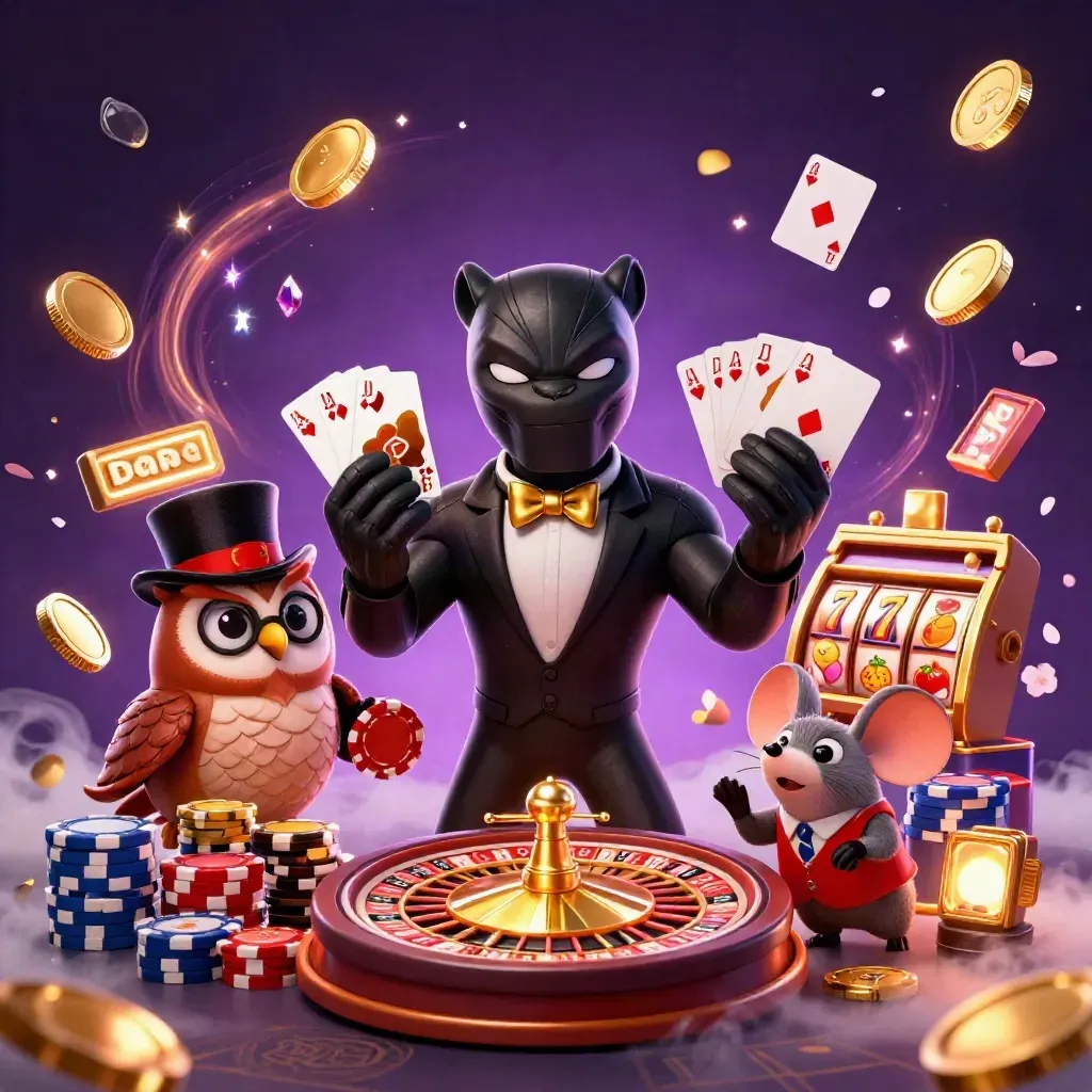 Panther, Eule und Maus im Casino-Glücksmoment mit Karten, Chips und magischem Hintergrund.