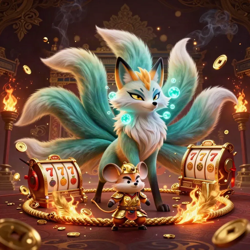 Neunschwänziger Fuchsgeist mit Samurai-Maus, Gold, Feuer und Tempeltor im Casino-Look